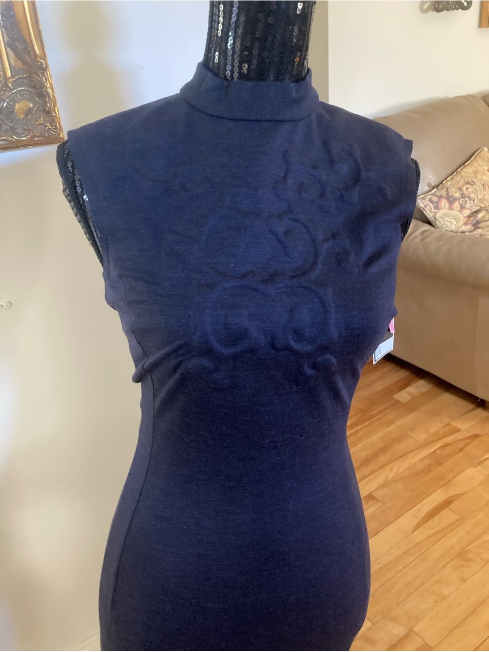 Oscar de la Renta Sleeveless Mock Neck Embroidered Midi Dress — Deep Blue
